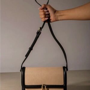 Beige and Black Structured Crossbody Bag with Gold Hardware